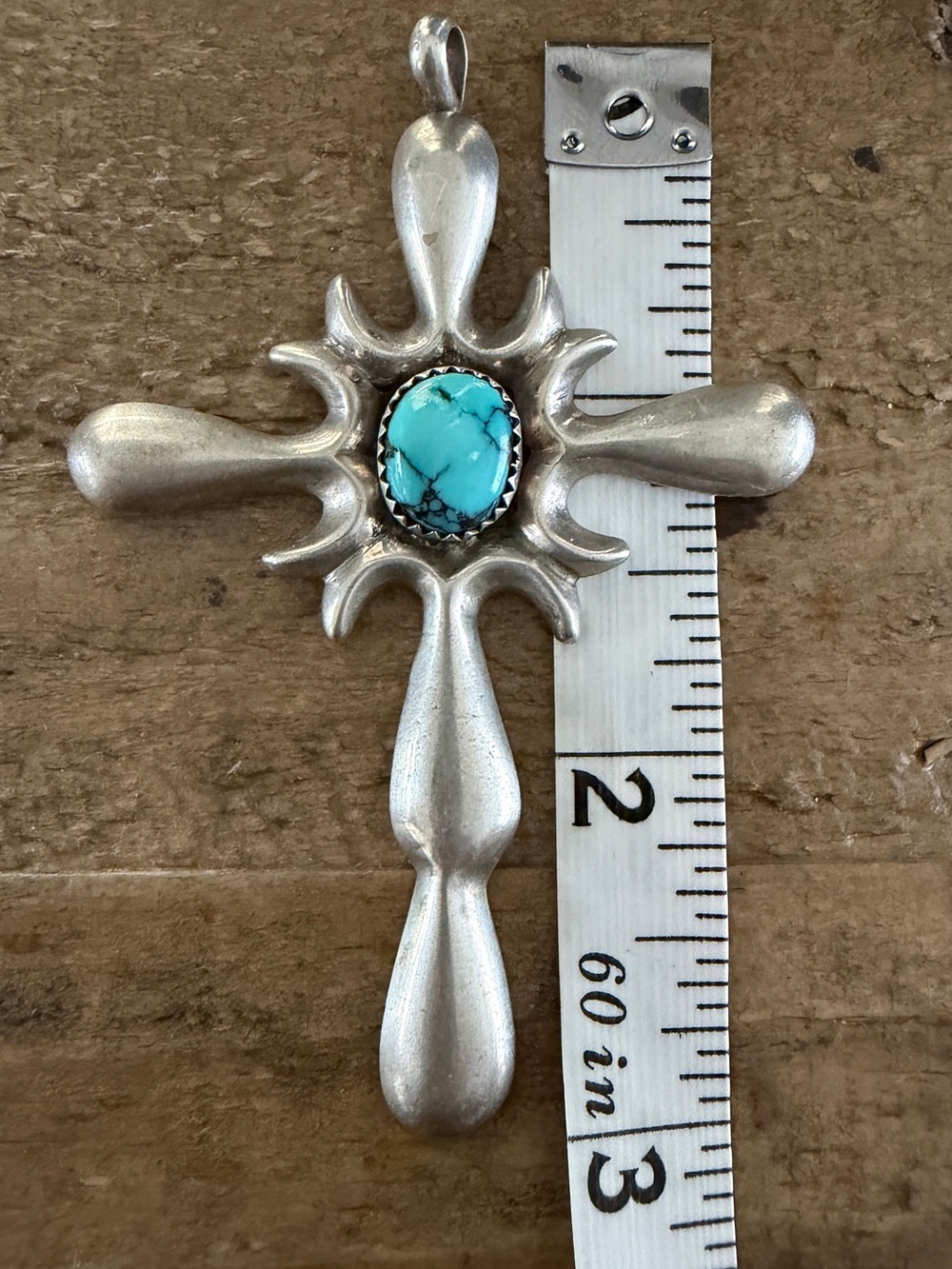 Vintage Navajo Native Handmade Sterling Silver Huge Cross Pendant Turquoise